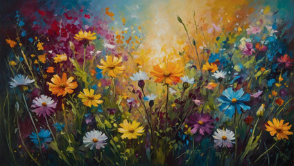 Fototapeta na wymiar Abstract oil painting of wildflowers bursting with vibrant colors, creating a kaleidoscope of nature's beauty on canvas.