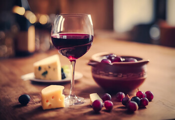 Elegant still life of a glass of red wine with assorted cheeses, grapes, and a bowl on a rustic wooden table, conveying a cozy, gourmet atmosphere. National cheese and wine day.