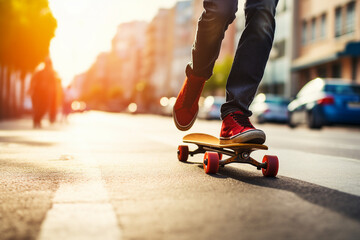 AI generated image of man riding a vintage skateboard on a sunlit city street - Powered by Adobe