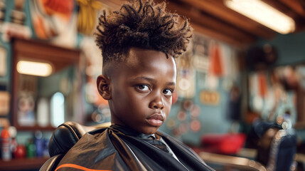 boy getting a haircut in a barbershop, generative ai - obrazy, fototapety, plakaty