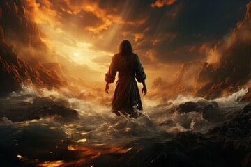 Jesus Christ walking on water on the sea of Galilee generative ai - obrazy, fototapety, plakaty