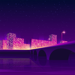 A large bridge across the river near a shining city at night. Abstract buildings in a busy city scene.