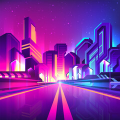 A straight road through a bright cyberpunk futuristic street in a big city. Nightlife metaverse in the city of the future concept.