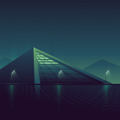 Futuristic pyramid shaped building at night. Future buildings concept scene.