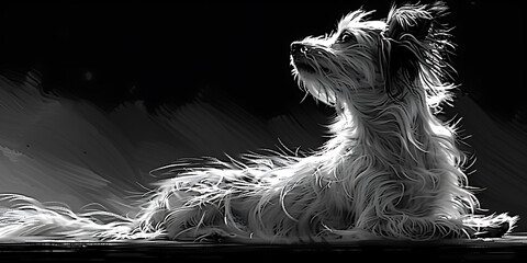 
A black and white photograph of a long-haired dog with predominantly white fur. The image has high contrast, with the dog's fur detailed in a way that highlights its texture against a dark background