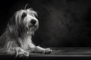
A black and white photograph of a long-haired dog with predominantly white fur. The image has high contrast, with the dog's fur detailed in a way that highlights its texture against a dark background