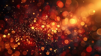 3d render of abstract golden red composition with depth of field and glowing particles in dark with bokeh effects,Elegant bokeh background with golden Christmas lights, holiday poster concept, greetin