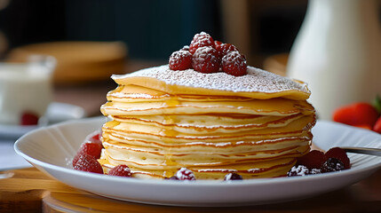 Hot Pancake Stack Adorned with Honey and Raspberry on dish, Homemade pancakes , delicious food ,...