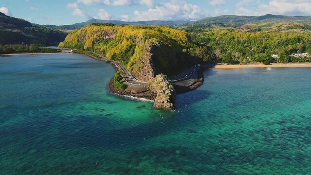 Aerial of Baie Du Cap Maconde View Point Mauritius in sunlight.