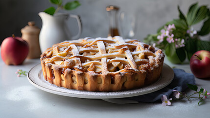 Apple pie on a white table and cup of caffe in a cafe.