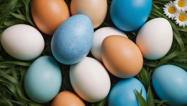 The image features a pile of mostly white eggs, with 7 blue and 2 brown eggs mixed in. The eggs are on a bed of green grass, and there is a daisy in the top right corner.