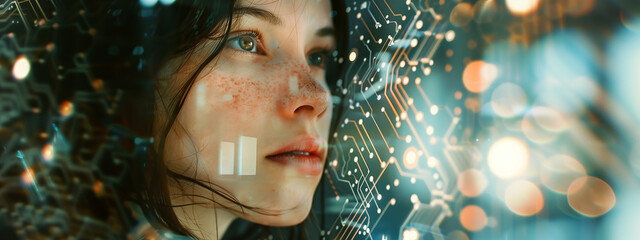 Double exposure of a close-up of a young woman and a circuit board, symbolizing the fusion of human intelligence and technological advancement.