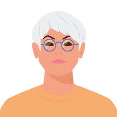 senior woman portrait, with glasses with grey hair,  serious face; cartoon character, avatar; It's perfect for website profiles, social media accounts, or online gaming identities- vector illustration - 781446735
