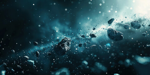A mesmerizing scene of asteroids soaring through the sky as water droplets cascade down from above