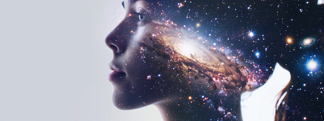 Double exposure of a close-up of a young woman and a swirling galaxy, merging the beauty of a human face with the vastness of the cosmos.