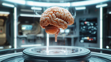 Human brain levitating in scientific research device of the future - neuroscience concept