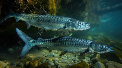 Pair of sleek barracudas in their natural ocean habitat.