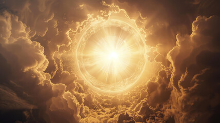 Fantastic shining star, portal to another dimension high in golden yellow clouds - obrazy, fototapety, plakaty