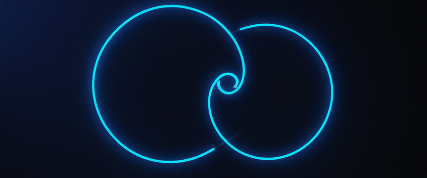 two spiral neon lights on a black background. The spirals are blue and one is on the top right of the image while the other is on the bottom left.