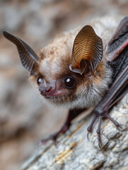 Obraz premium Close view of a bat's face with distinctive ears and eyes.