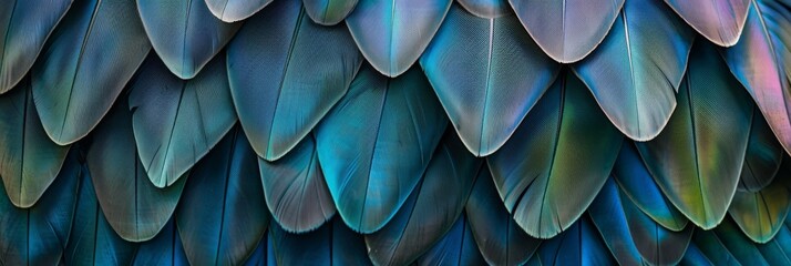Obraz premium Blue Color Feathers Background, Rainbow Tint Colored Plumage, Scaly Wings Texture, Copy Space
