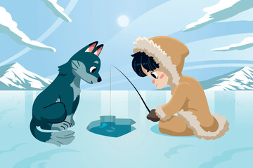 Flat winter eskimo illustration - obrazy, fototapety, plakaty