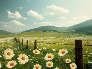 
A photography of a scenic landscape during daytime. The foreground shows a vibrant meadow with a diverse array of wildflowers, primarily white with some yellow flowers. A series of wooden fence posts - Powered by Adobe