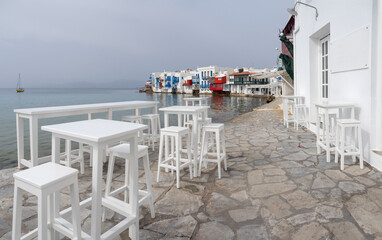 Panoramic view of Little Venice, the landmark of the island of Mykonos in Greece