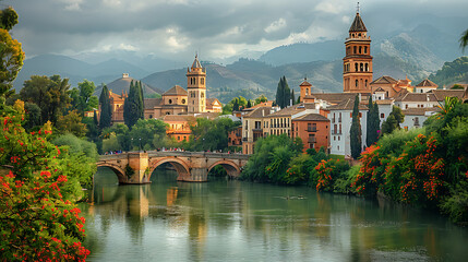 A picturesque vista of an old Mediterranean town perched atop a hill, overlooking a river.