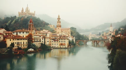  A picturesque vista of an old Mediterranean town perched atop a hill, overlooking a river. © Pedro Areias