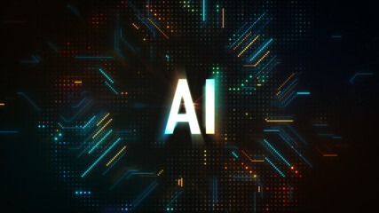 Artificial intelligence concept. Vibrant image showcasing a processor chip with “Ai” in the center, surrounded by circuit lines, illustrating artificial intelligence technologyand neural connections.  - 781448700