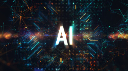 Artificial intelligence concept. Vibrant image showcasing a processor chip with “Ai” in the center, surrounded by circuit lines, illustrating artificial intelligence technologyand neural connections.  - 781448701