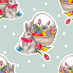 Spring pattern with hares flowers Watercolor vector Delicate fresh colors. Bunny with a bow.