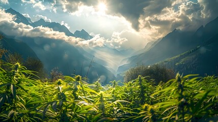 Serene mountain valley bathed in sunlight, lush greenery foreground. Peaceful nature backdrop capturing tranquility and beauty. Ideal for calming themes and environmental concepts. AI - obrazy, fototapety, plakaty