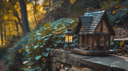 A cozy wooden cabin illuminated by a lantern
