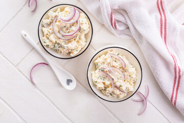 Fish and egg spread, paste or salad with red onions