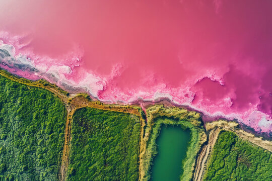 Aerial View of a Stunning Pink Lake Surrounded by Vibrant Green Grassy Field in the Daytime