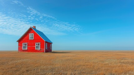 Serene Red House Amidst Vast Prairie Landscape