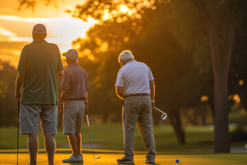 Group of gray-haired old men play golf at sunset on the course