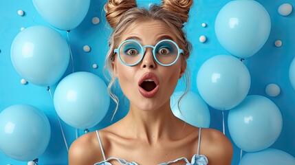 Blonde woman with blue glasses surrounded by balloons expresses surprise and joy