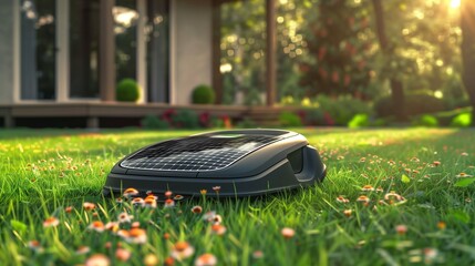 A modern, autonomous robot lawn mower glides through thick, vibrant green grass, showcasing the latest in garden work automation and smart lawn maintenance technology.