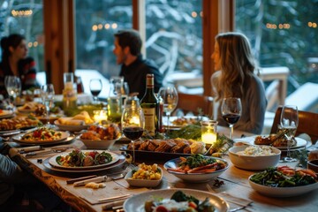 Fototapeta premium family dinner, table setting, unrecognizable people. ai generated