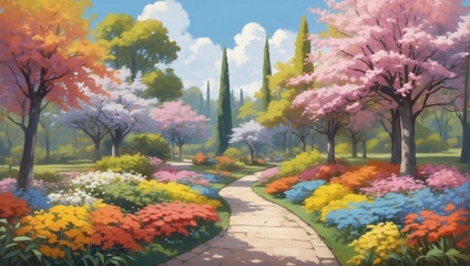 Arboretum filled with colorful blossoms, painted in oil.