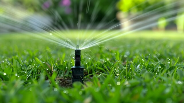 A lush green lawn being watered by a modern, efficient sprinkler system, showcasing an automatic irrigation setup as part of a smart home gardens maintenance.