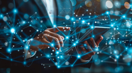 Dynamic data analysis, businessman engaged in technological exploration