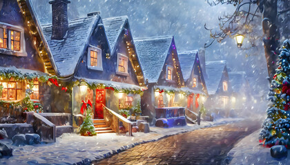 Cute houses beautifully decorated with Christmas garlands in a snow - covered on digital art concept, Generative AI. - 781449560