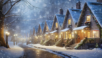 Cute houses beautifully decorated with Christmas garlands in a snow - covered on digital art concept, Generative AI. - 781449570