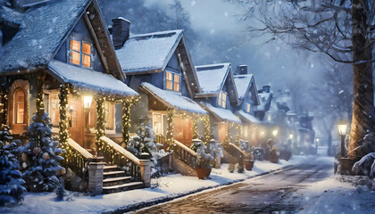 Cute houses beautifully decorated with Christmas garlands in a snow - covered on digital art concept, Generative AI. - 781449575