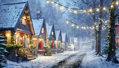 Cute houses beautifully decorated with Christmas garlands in a snow - covered on digital art concept, Generative AI.