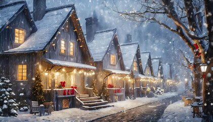 Cute houses beautifully decorated with Christmas garlands in a snow - covered on digital art concept, Generative AI. - 781449592